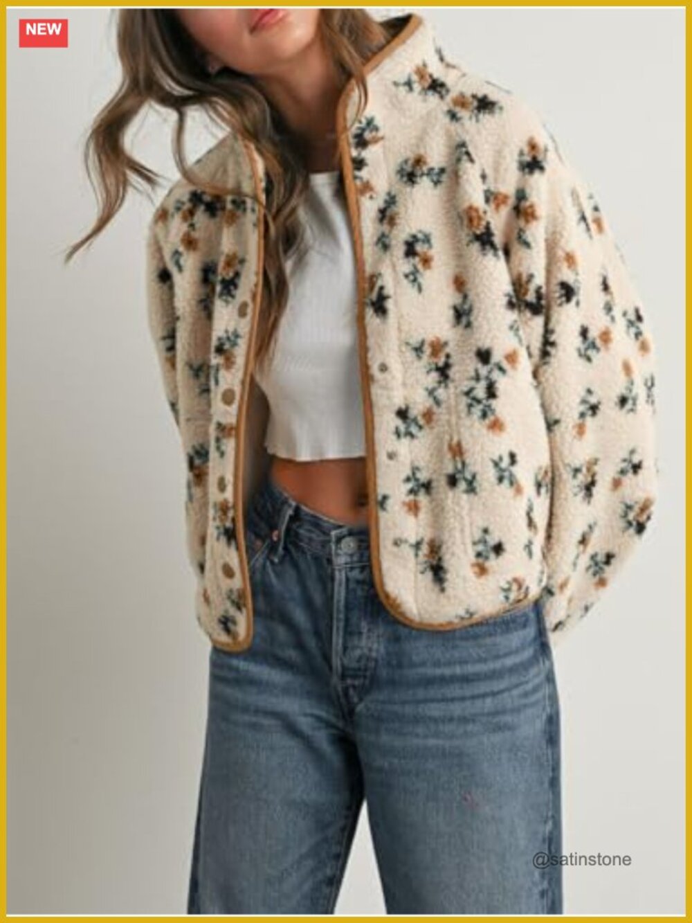 Womens Florals Print Fuzzy Faux Fur Teddy Jacket Snap Button Winter Coat - Picture 4 of 6